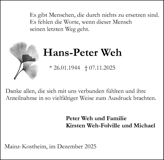 Traueranzeige von Hans-Peter Weh von Allgemeine Zeitung Mainz