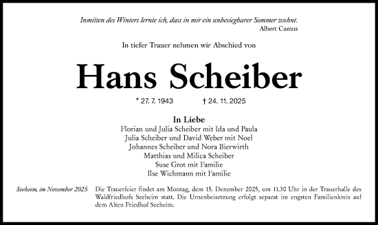 Traueranzeige von Hans Scheiber von Darmstädter Echo