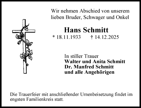 Traueranzeige von Hans Schmitt von Starkenburger Echo
