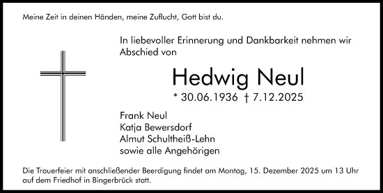 Traueranzeige von Hedwig Neul von Allgemeine Zeitung Rheinhessen-Nahe