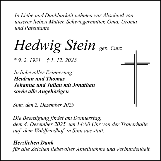 Traueranzeige von Hedwig Stein von Dill Block
