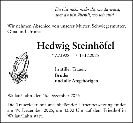 Traueranzeige von Hedwig Steinhöfel von Hinterländer Anzeiger