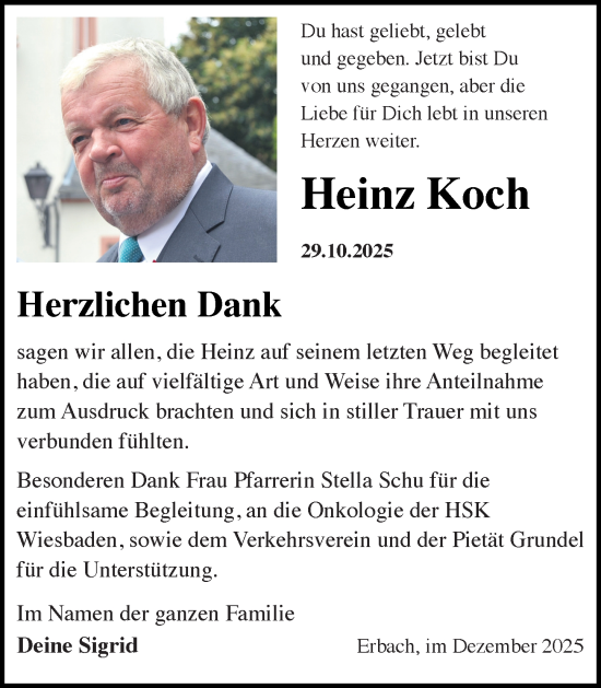 Traueranzeige von Heinz Koch von Wiesbadener Kurier
