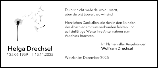 Traueranzeige von Helga Drechsel von Wetzlarer Neue Zeitung