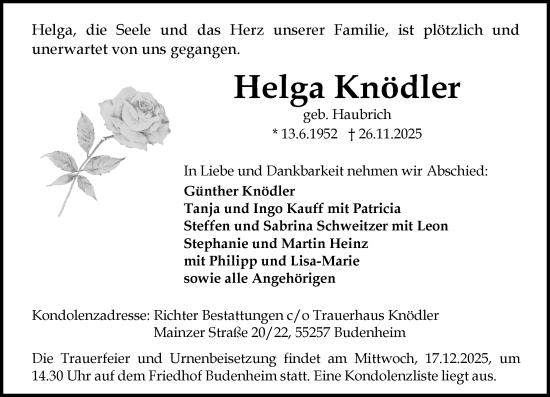 Traueranzeige von Helga Knödler von Allgemeine Zeitung Mainz