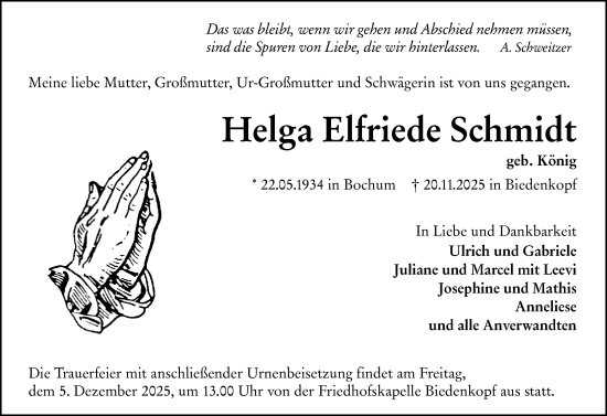Traueranzeige von Helga Elfriede Schmidt von Hinterländer Anzeiger