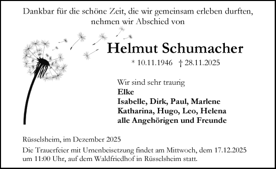 Traueranzeige von Helmut Schumacher von Rüsselsheimer Echo