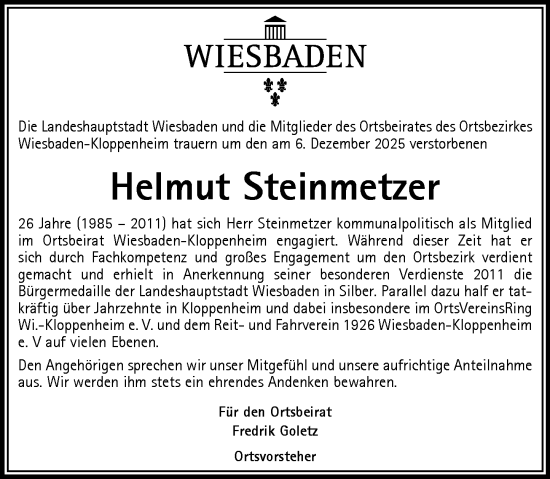 Traueranzeige von Helmut Steinmetzer von Wiesbadener Kurier