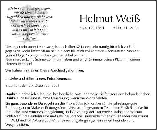 Traueranzeige von Helmut Weiß von Wetzlarer Neue Zeitung