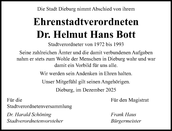 Traueranzeige von Helmut Hans Bott von Dieburger Anzeiger/Groß-Zimmerner Lokal-Anzeiger
