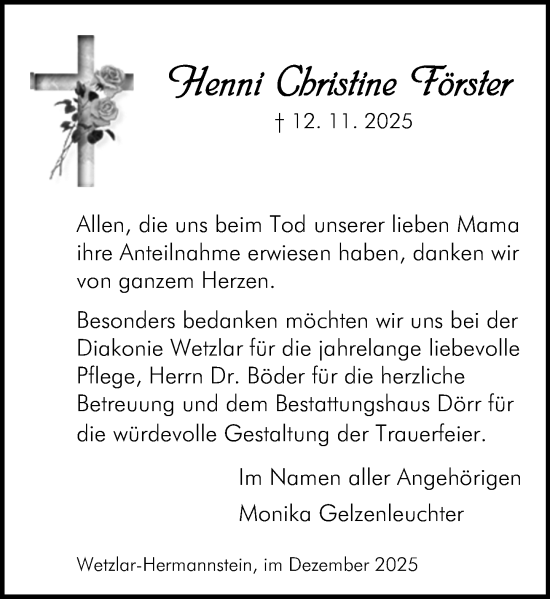 Traueranzeige von Henni Christine Förster von Wetzlarer Neue Zeitung
