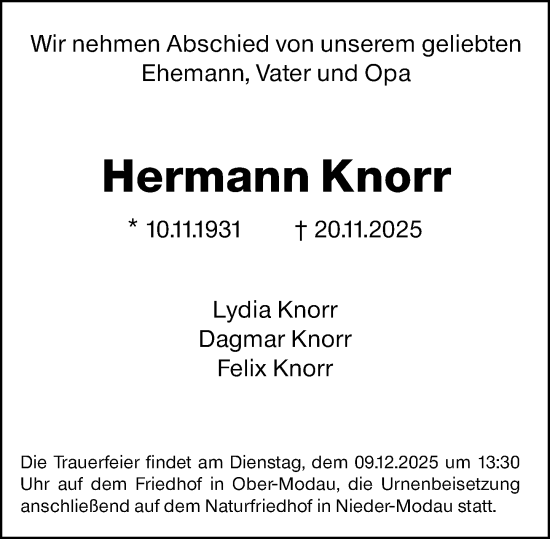 Traueranzeige von Hermann Knorr von Darmstädter Echo