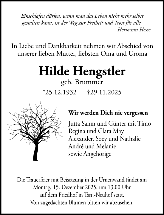 Traueranzeige von Hilde Hengstler von Wiesbadener Kurier