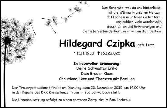 Traueranzeige von Hildegard Czipka von Idsteiner Land/Untertaunus