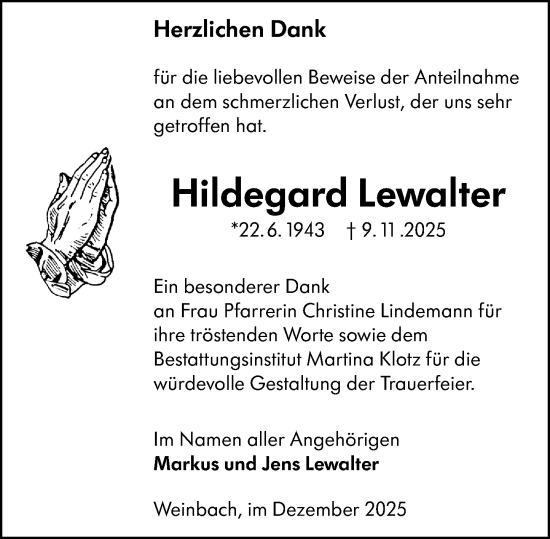Traueranzeige von Hildegard Lewalter von Weilburger Tageblatt