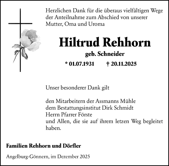 Traueranzeige von Hiltrud Rehhorn von Hinterländer Anzeiger