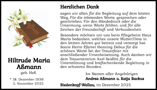 Traueranzeige von Hiltrude Maria Aßmann von Hinterländer Anzeiger