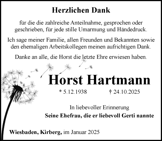 Traueranzeige von Horst Hartmann von Wiesbadener Kurier
