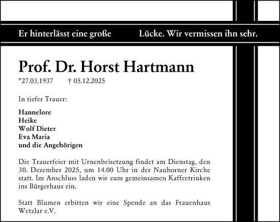 Traueranzeige von Horst Hartmann von Wetzlarer Neue Zeitung