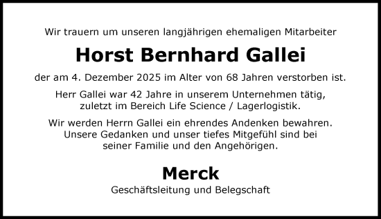 Traueranzeige von Horst Bernhard Gallei von Darmstädter Echo