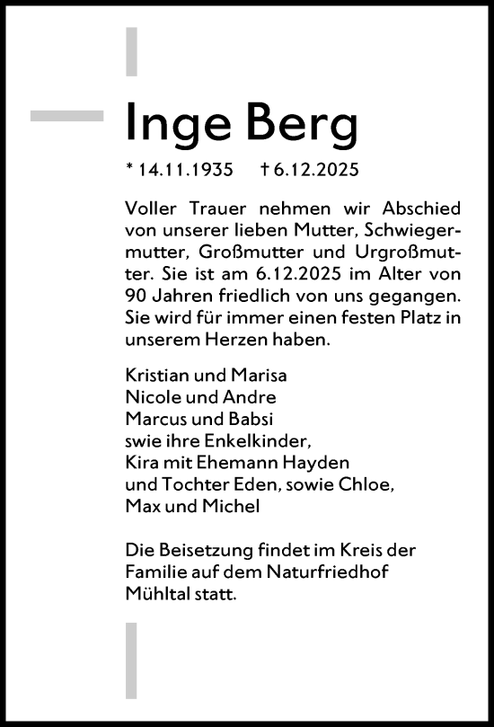 Traueranzeige von Inge Berg von Darmstädter Echo