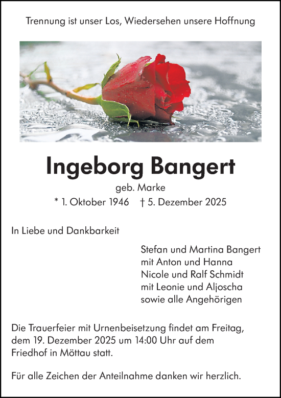 Traueranzeige von Ingeborg Bangert von Weilburger Tageblatt