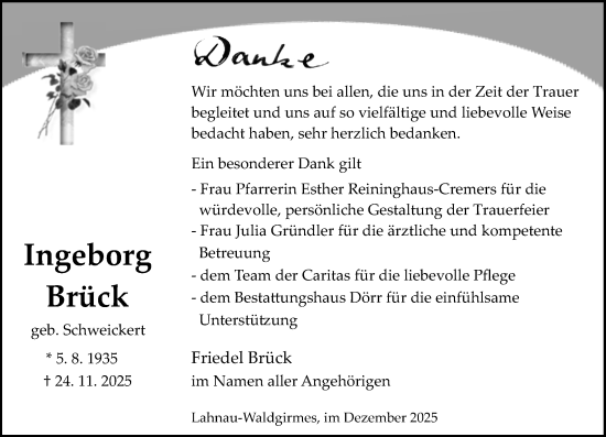 Traueranzeige von Ingeborg Brück von Wetzlarer Neue Zeitung