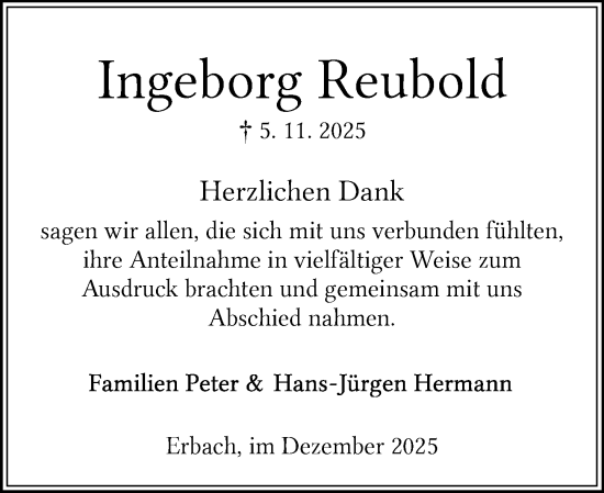 Traueranzeige von Ingeborg Reubold von Odenwälder Echo