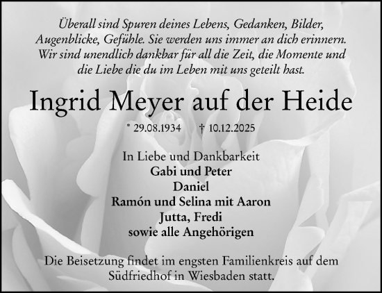 Traueranzeige von Ingrid Meyer auf der Heide von Wiesbadener Kurier