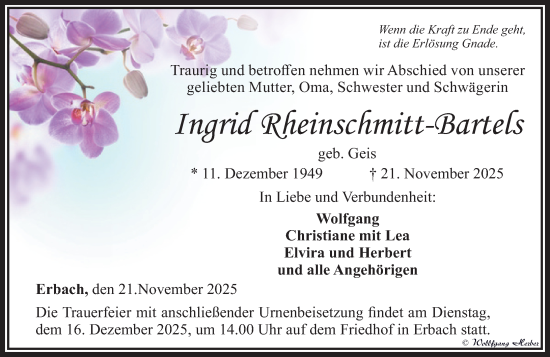 Traueranzeige von Ingrid Rheinschmitt-Bartels von Camberger Anzeiger