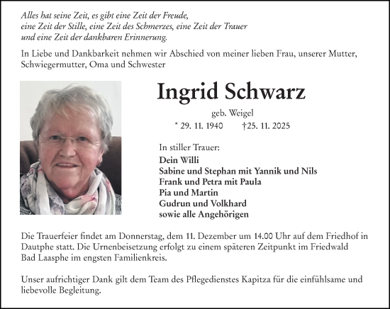 Traueranzeige von Ingrid Schwarz von Hinterländer Anzeiger