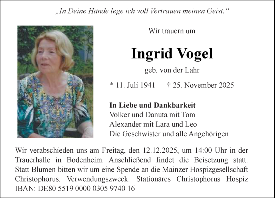 Traueranzeige von Ingrid Vogel von Allgemeine Zeitung Mainz