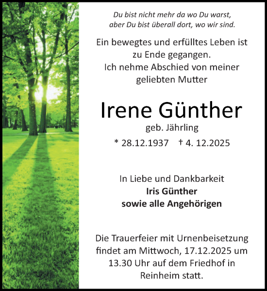 Traueranzeige von Irene Günther von Darmstädter Echo