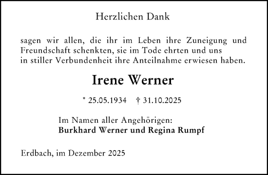 Traueranzeige von Irene Werner von Dill Block