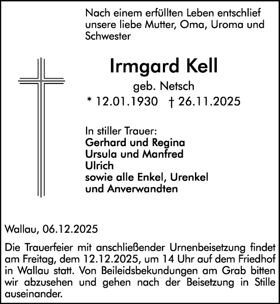 Traueranzeige von Irmgard Kell von Hinterländer Anzeiger