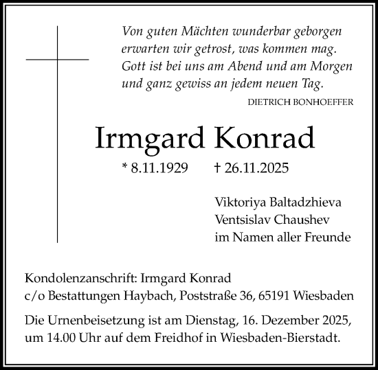 Traueranzeige von Irmgard Konrad von Wiesbadener Kurier
