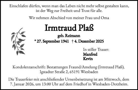 Traueranzeige von Irmtraud Plaß von Wiesbadener Kurier