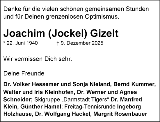 Traueranzeige von Joachim Gizelt von Darmstädter Echo