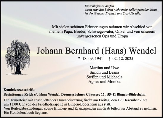 Traueranzeige von Johann Bernhard Wendel von Allgemeine Zeitung Rheinhessen-Nahe