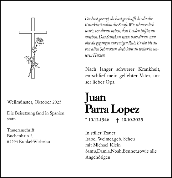 Traueranzeige von Juan Parra Lopez von Weilburger Tageblatt