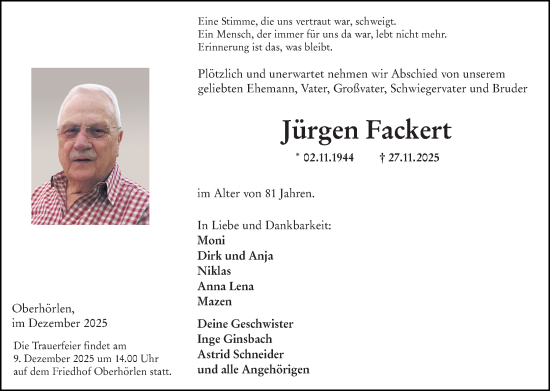 Traueranzeige von Jürgen Fackert von Hinterländer Anzeiger
