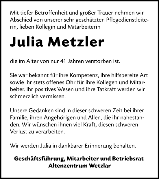 Traueranzeige von Julia Metzler von Wetzlarer Neue Zeitung