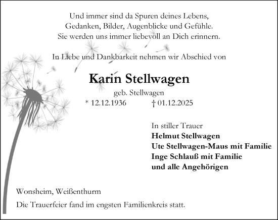 Traueranzeige von Karin Stellwagen von Allgemeine Zeitung Alzey