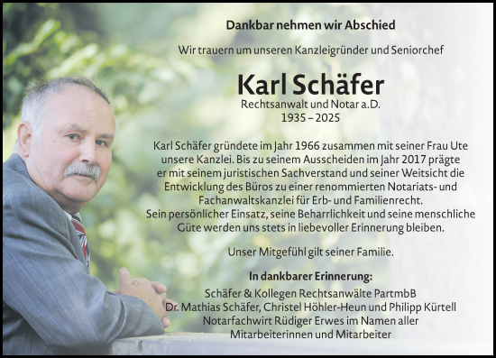 Traueranzeige von Karl Schäfer von Nassauische Neue Presse