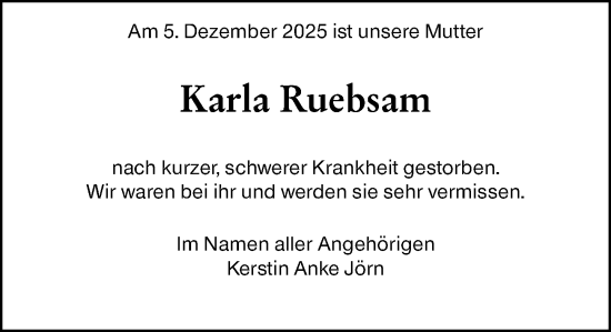 Traueranzeige von Karla Ruebsam von Weilburger Tageblatt