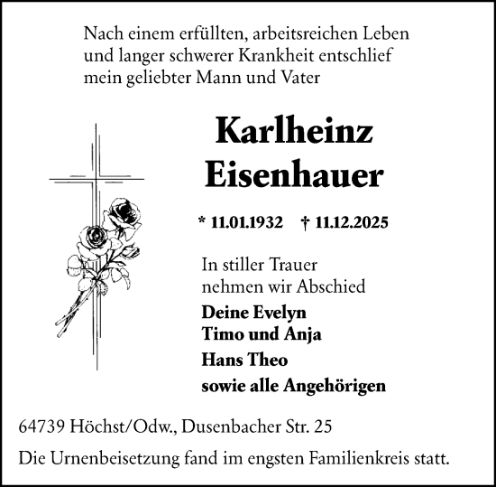 Traueranzeige von Karlheinz Eisenhauer von Odenwälder Echo
