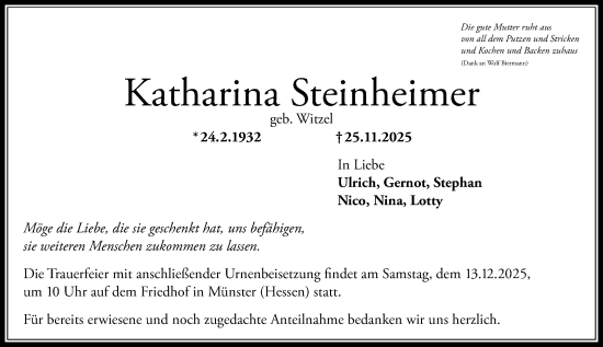 Traueranzeige von Katharina Steinheimer von Darmstädter Echo