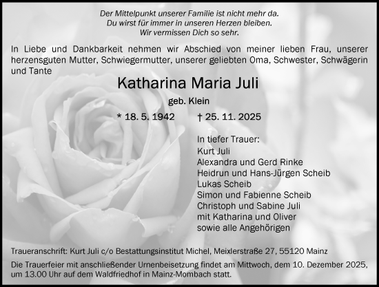 Traueranzeige von Katharina Maria Juli von Allgemeine Zeitung Mainz