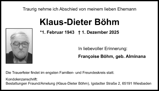 Traueranzeige von Klaus-Dieter Böhm von Wiesbadener Kurier
