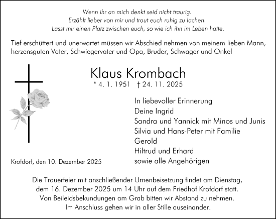 Traueranzeige von Klaus Krombach von Wetzlarer Neue Zeitung